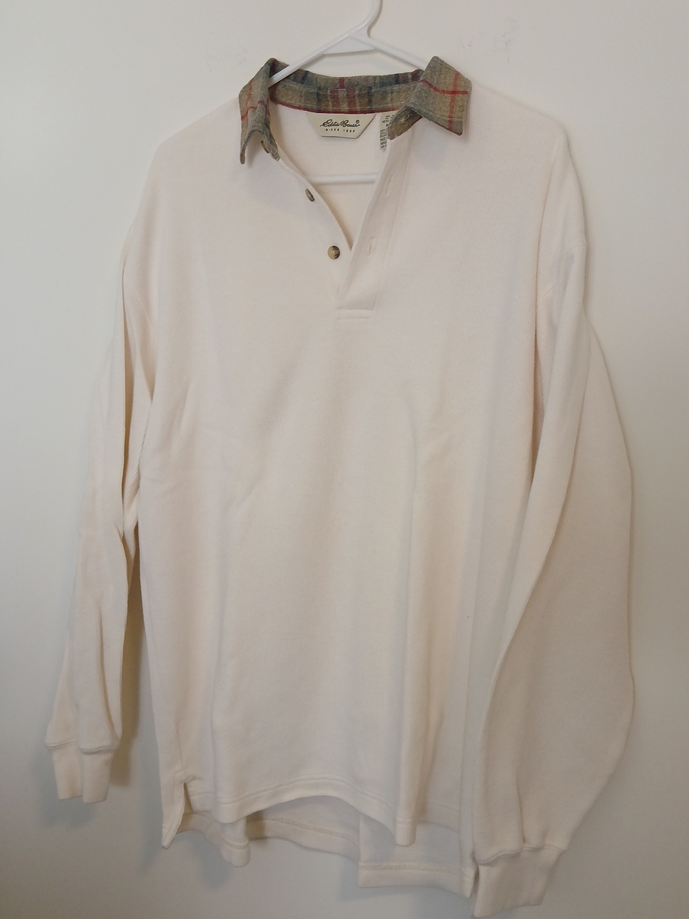 Eddie Bauer Cream Rugby Long Sleeve Polo with Plaid Collar Trim